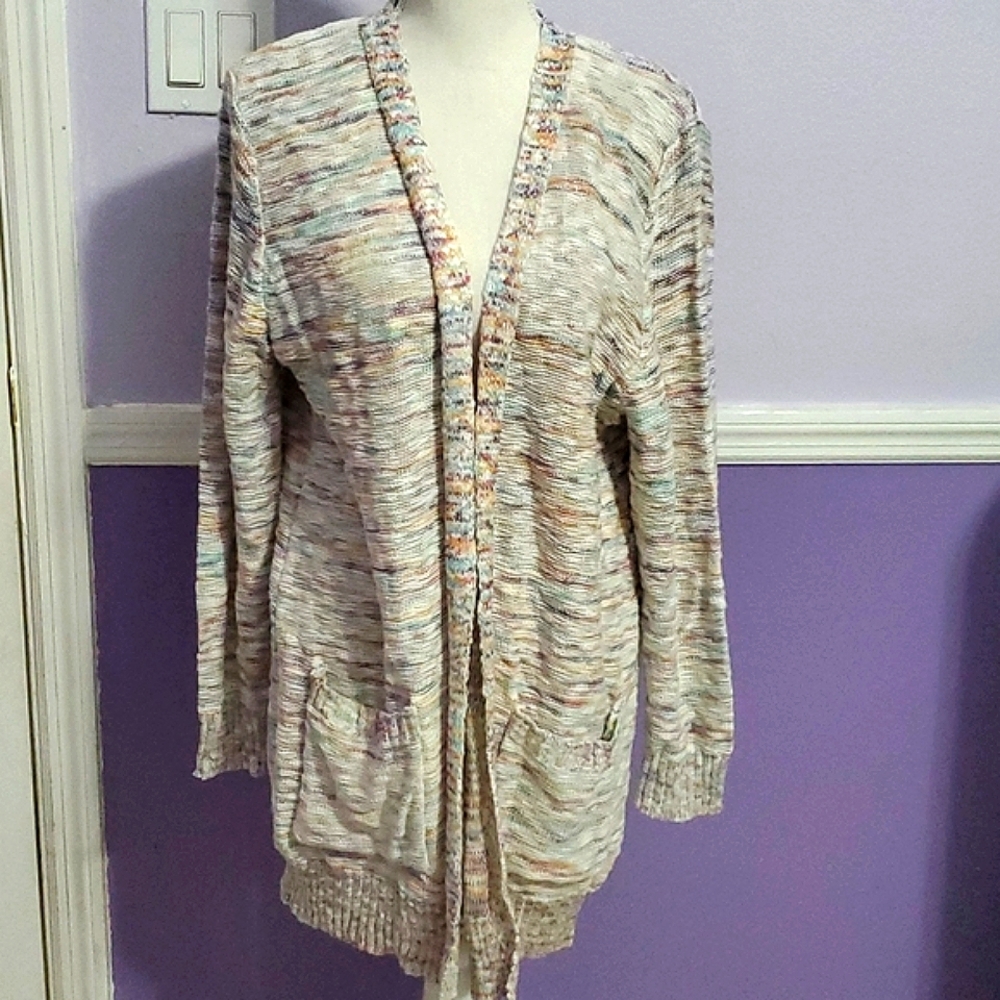 NWOT Love Ellie Boho Cream & Pastels Textured Knitted Longline Open Cardigan 1X